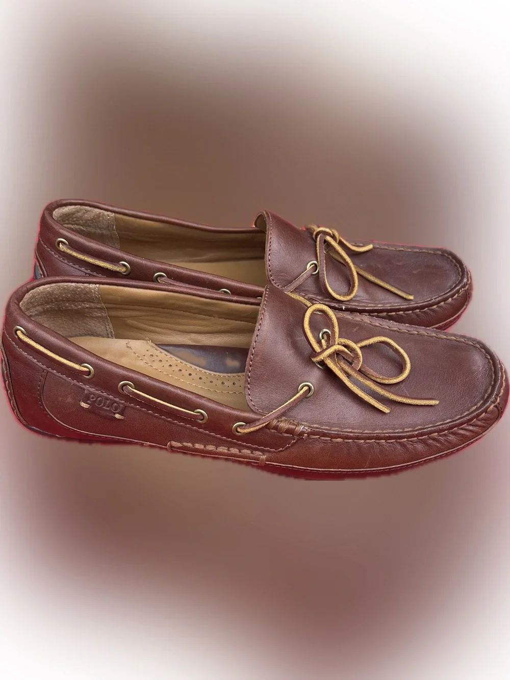 Polo Ralph Lauren Men's Brown Leather Boat Shoes Lace-Up Round Toe Rubber